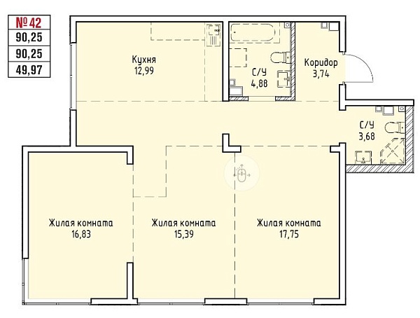 3-к. кв-ра. 90.25 кв.м. (№42, блок-секция 6) 